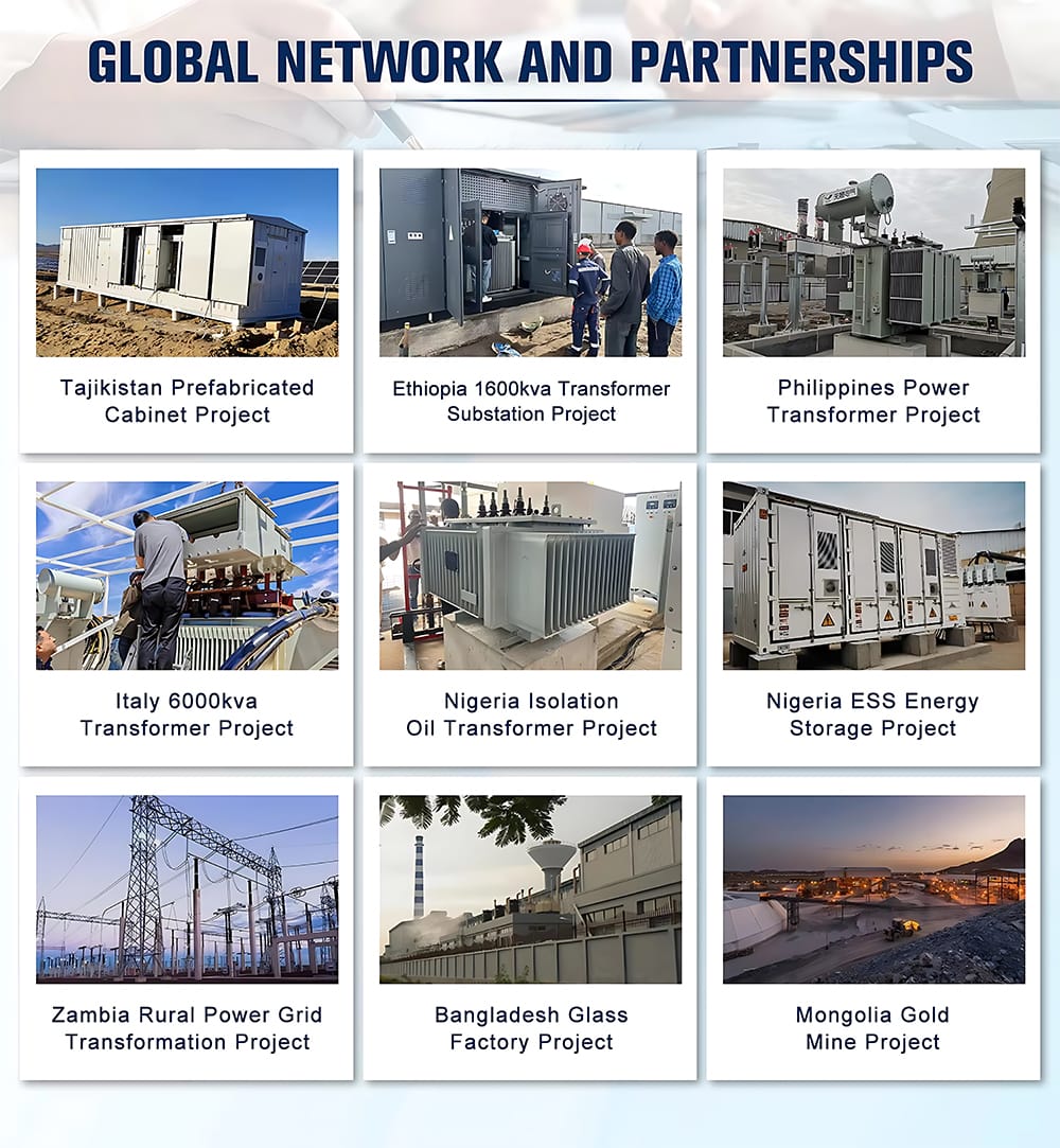 Collage of international transformer and substation projects including Tajikistan, Italy, Zambia, Ethiopia, Nigeria, Bangladesh, Philippines and Mongolia