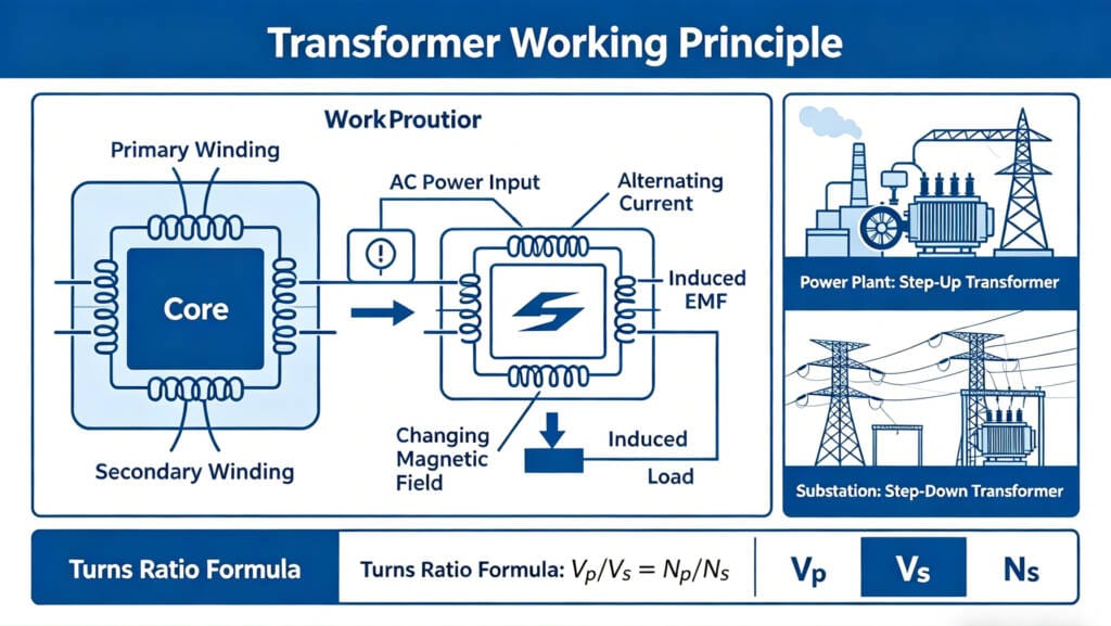 diagram showing transformer working principle with primary winding magnetic field induction and secondary voltage conversion