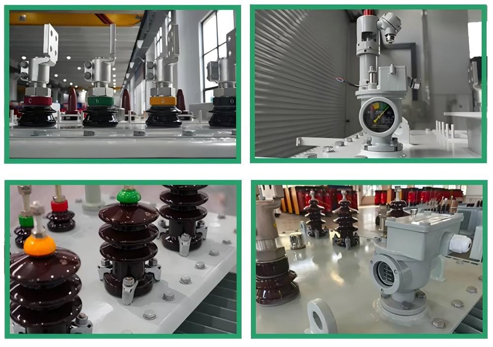 Detailed components of a 1500KVA oil immersed transformer including terminals, cooling fins and structural parts