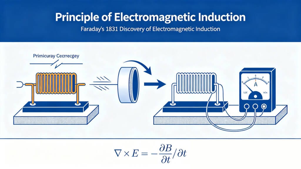 transformer diagram showing primary coil magnetic flux and secondary coil voltage induction based on Faradays law