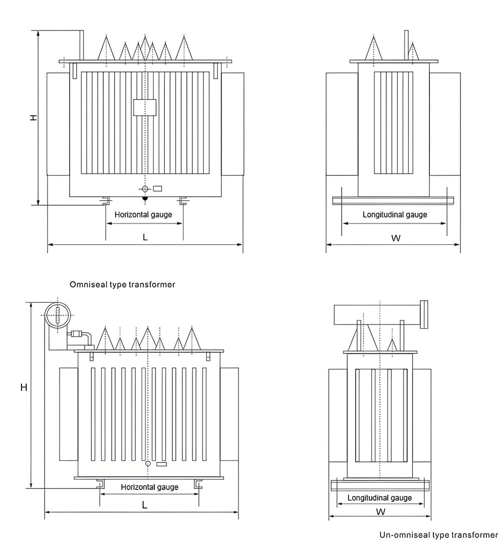 160KVA oil-immersed transformer outline drawing showing horizontal gauge and longitudinal gauge for omniseal and un-omniseal types