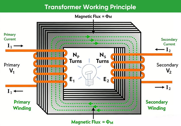 transformer working principle diagram showing primary winding secondary winding and magnetic core