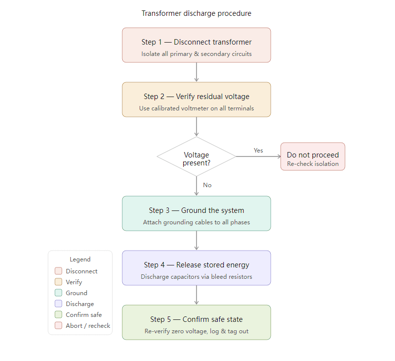 diagram showing step-by-step transformer discharge steps including grounding and voltage testing