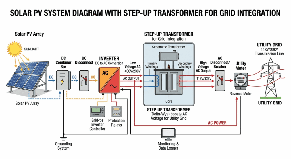 Solar PV system diagram showing inverter output connected to step-up transformer for grid integration