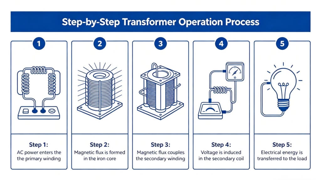 diagram showing transformer operation steps from primary winding magnetic flux induction to secondary voltage output