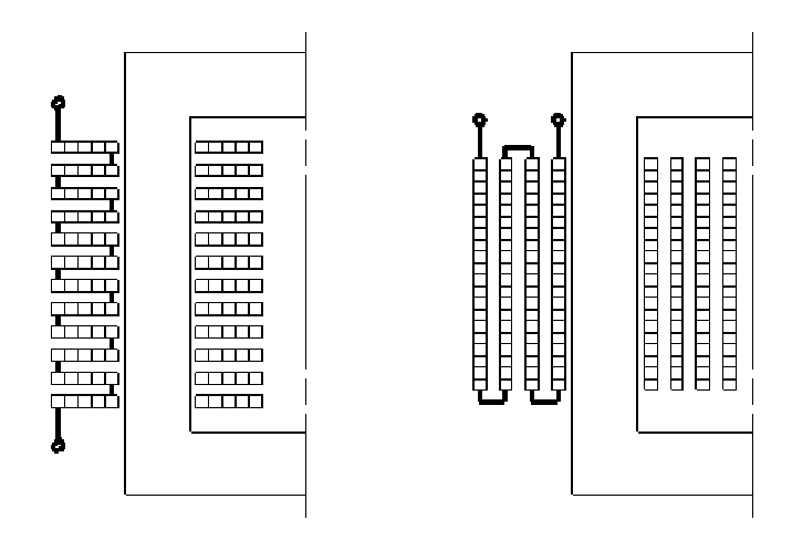 Diagram comparing layer winding and disc winding in transformers