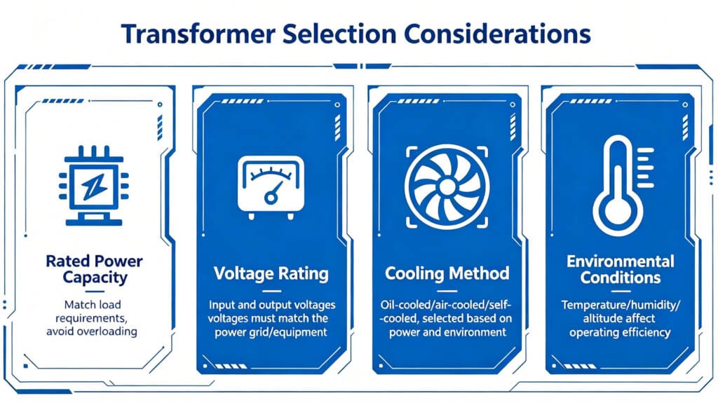 transformer selection considerations diagram showing capacity voltage cooling and environment factors