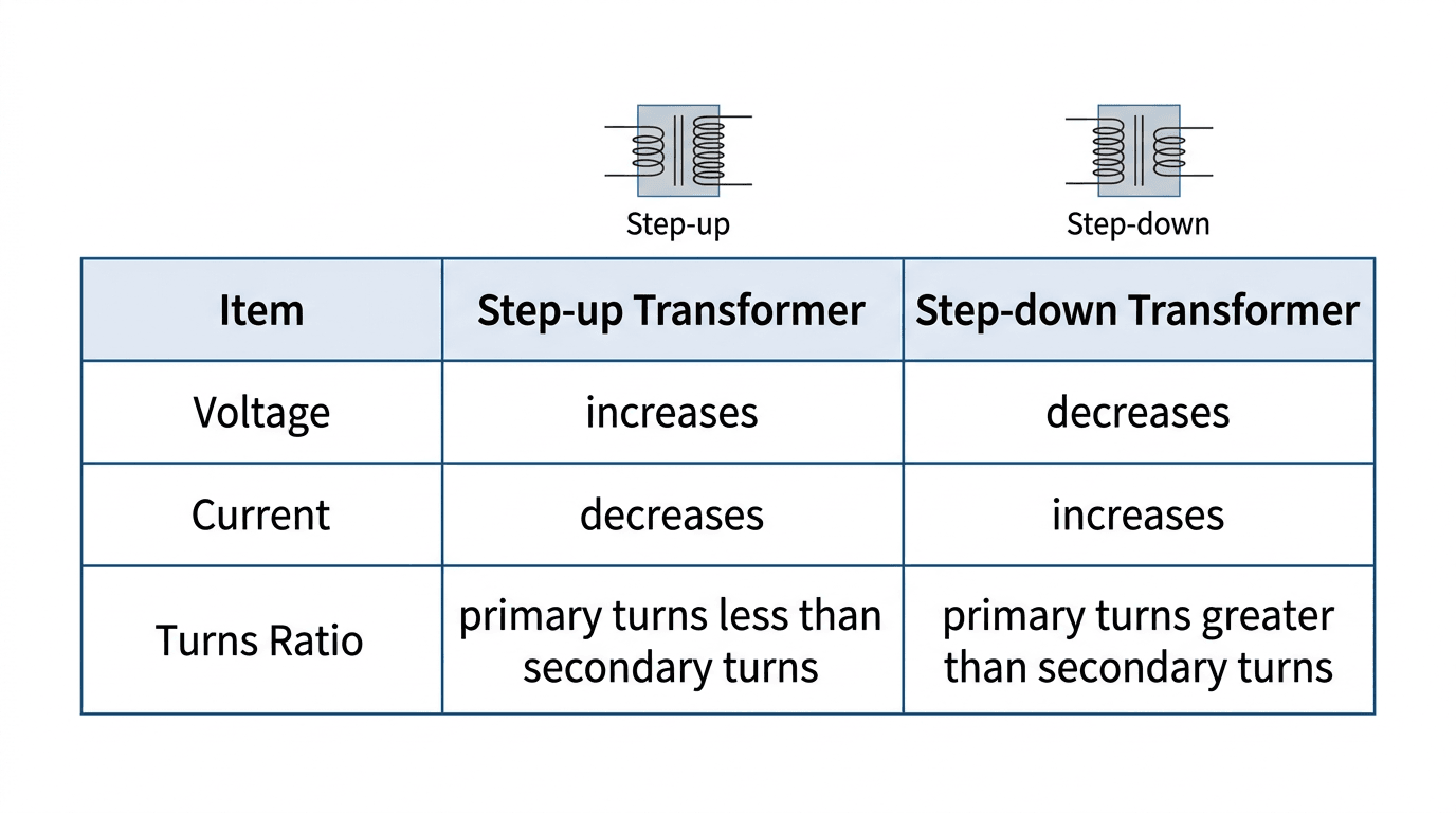 Table comparing voltage, current, and turns ratio of step up and step down transformers