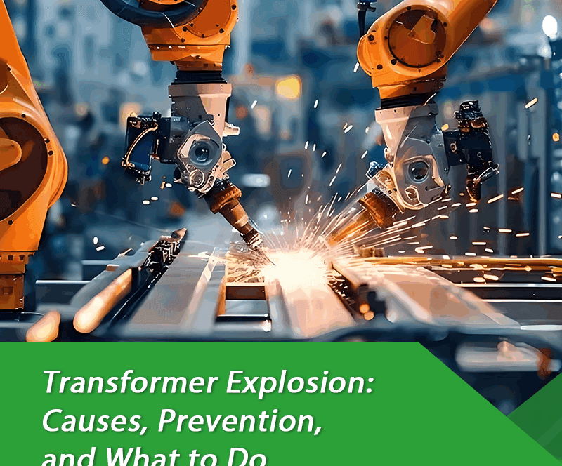 A high-voltage transformer explosion in a substation causing fire and smoke.