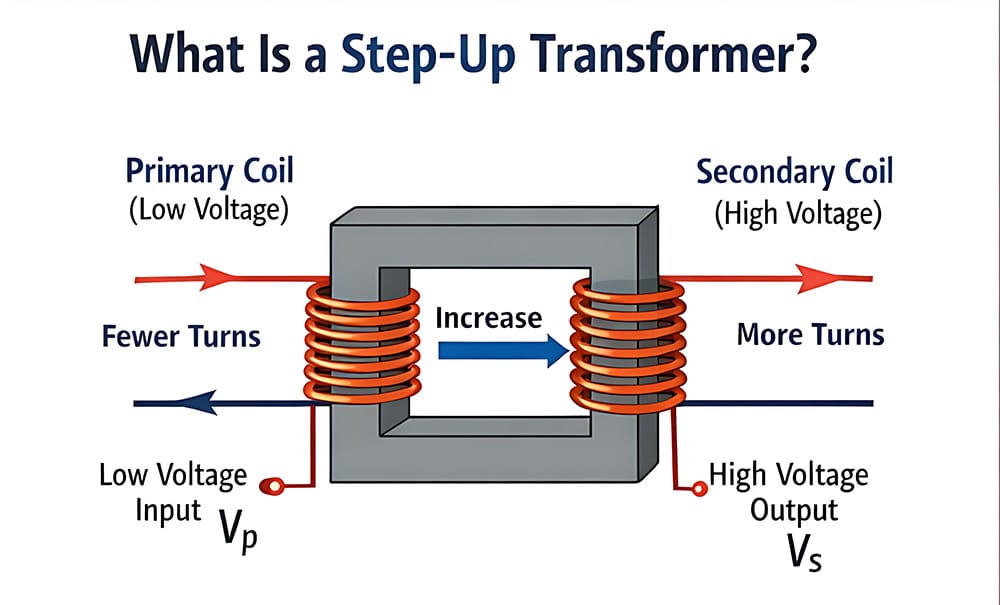 Industrial step-up transformer designed to increase voltage in AC systems.