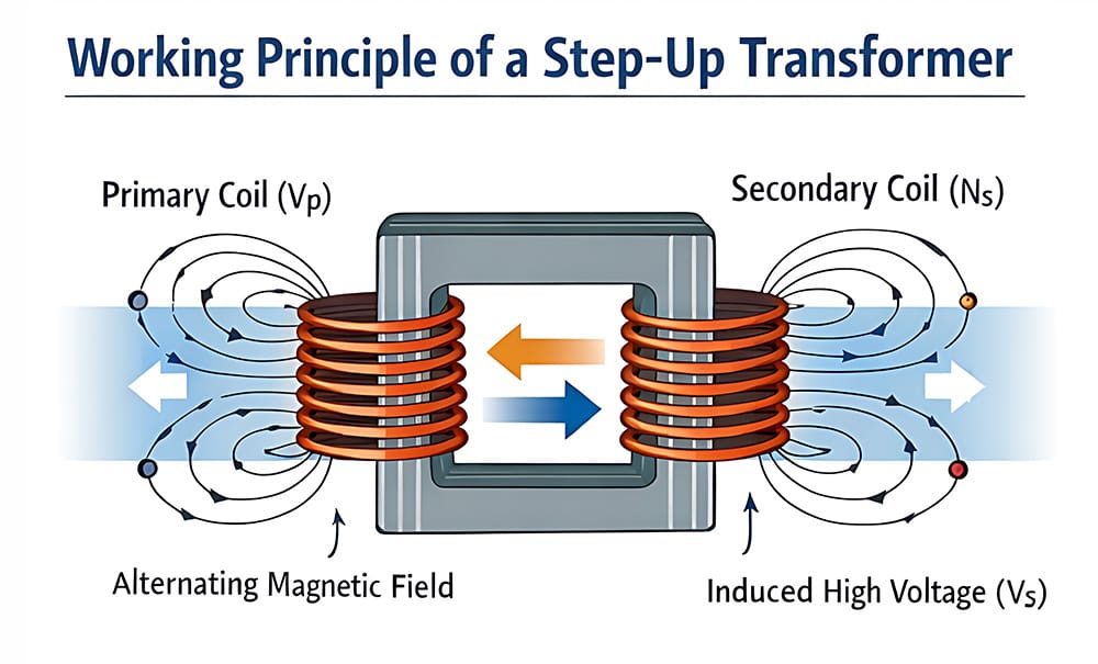 Electromagnetic induction diagram of a step-up transformer showing primary and secondary windings.