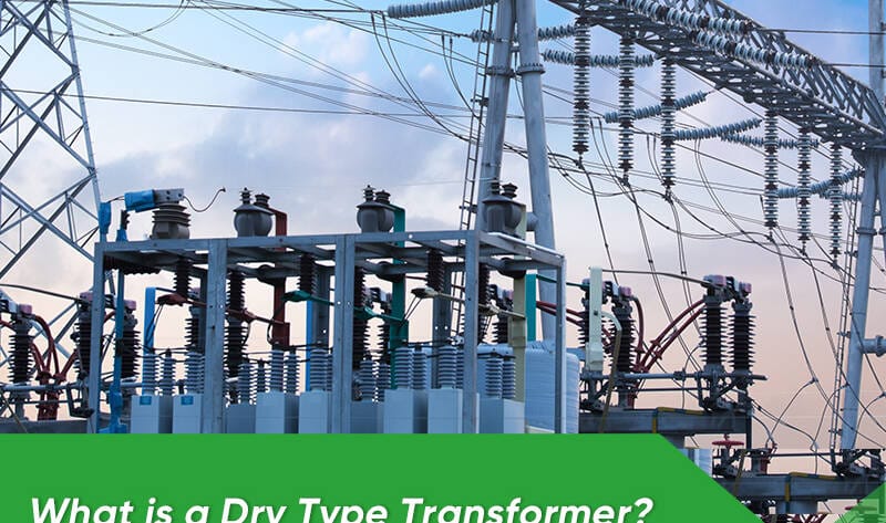 Dry type transformer installed indoors, showing iron core, windings, and air cooling system