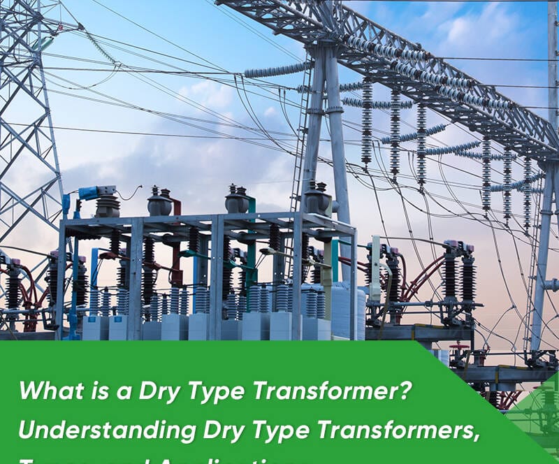 Dry type transformer installed indoors, showing iron core, windings, and air cooling system
