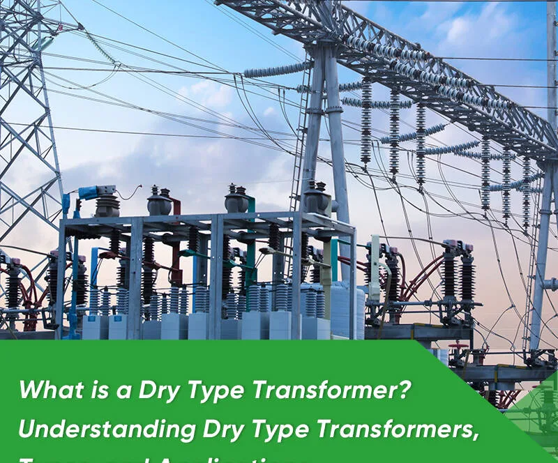 Dry type transformer installed indoors, showing iron core, windings, and air cooling system