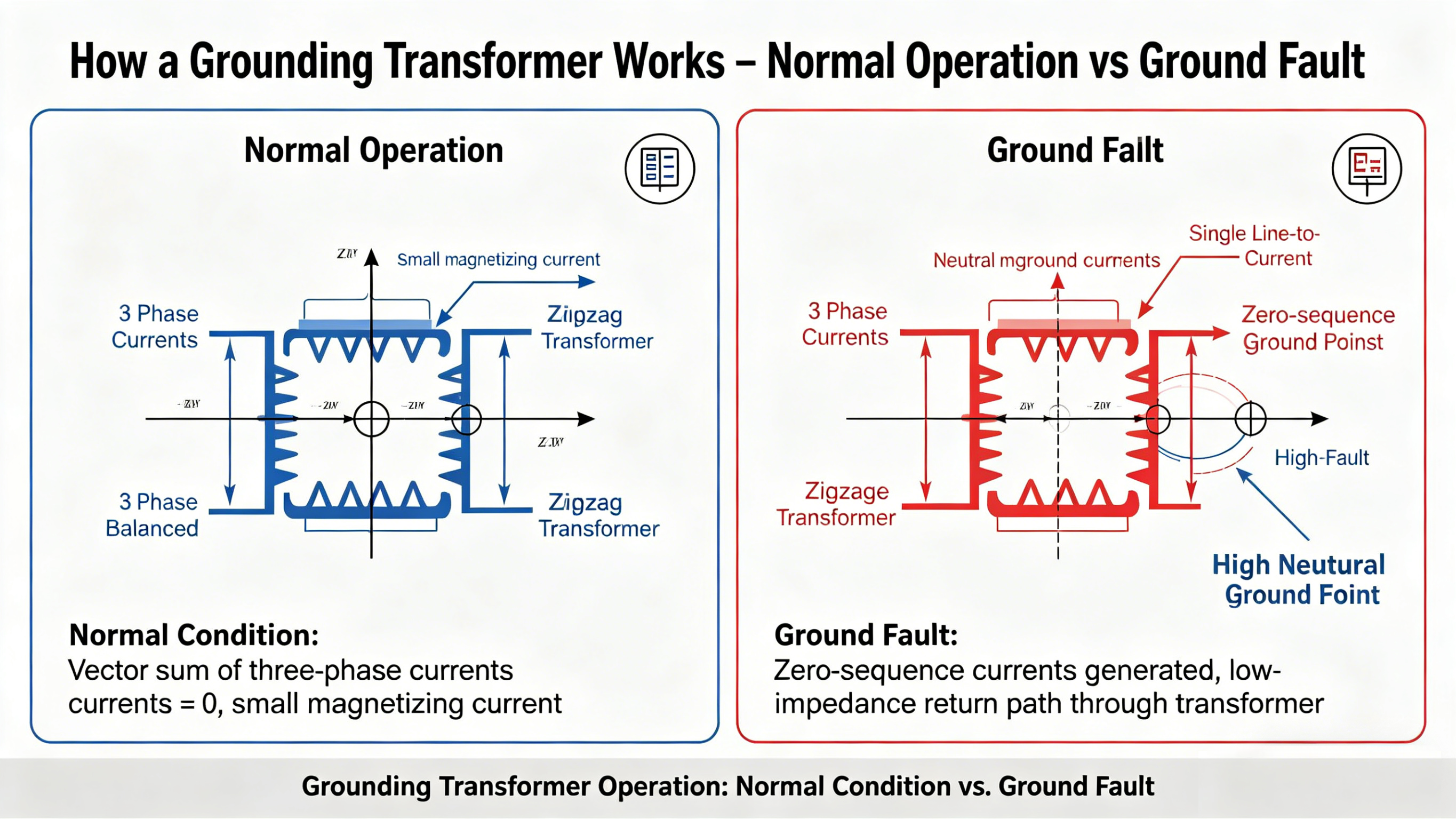 Diagram illustrating how a zigzag grounding transformer handles zero-sequence currents: minimal current during normal balanced operation and high fault current flowing through the transformer during a single line-to-ground fault