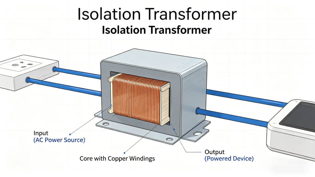 Circuit diagram of an isolation transformer showing primary and secondary windings with 1:1 turns ratio and galvanic isolation.