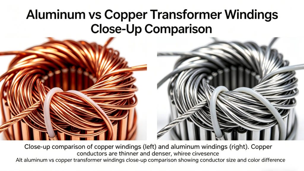 aluminum vs copper transformer windings close-up comparison showing conductor size and color difference