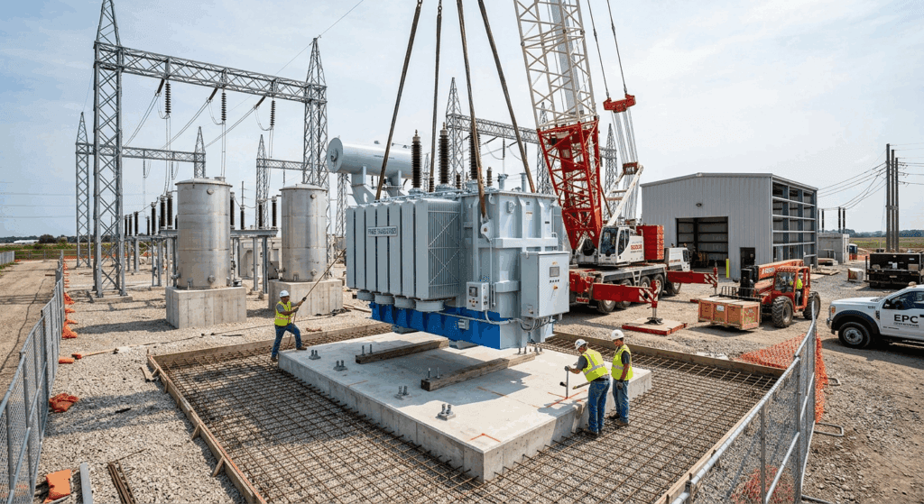 Power transformer installation by EPC contractors on concrete foundation with heavy lifting equipment, illustrating key aspects of transformer installation cost