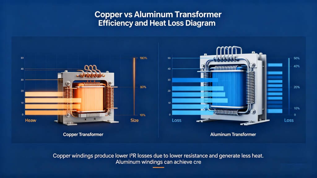 copper vs aluminum transformer efficiency comparison showing I²R losses and heat generation