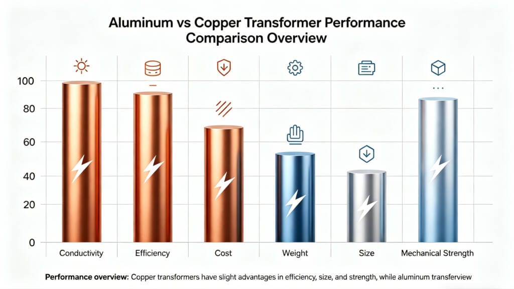 aluminum vs copper transformer performance comparison visualized with icons
