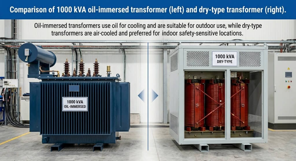 1000 kVA oil immersed vs dry type transformer side by side comparison.