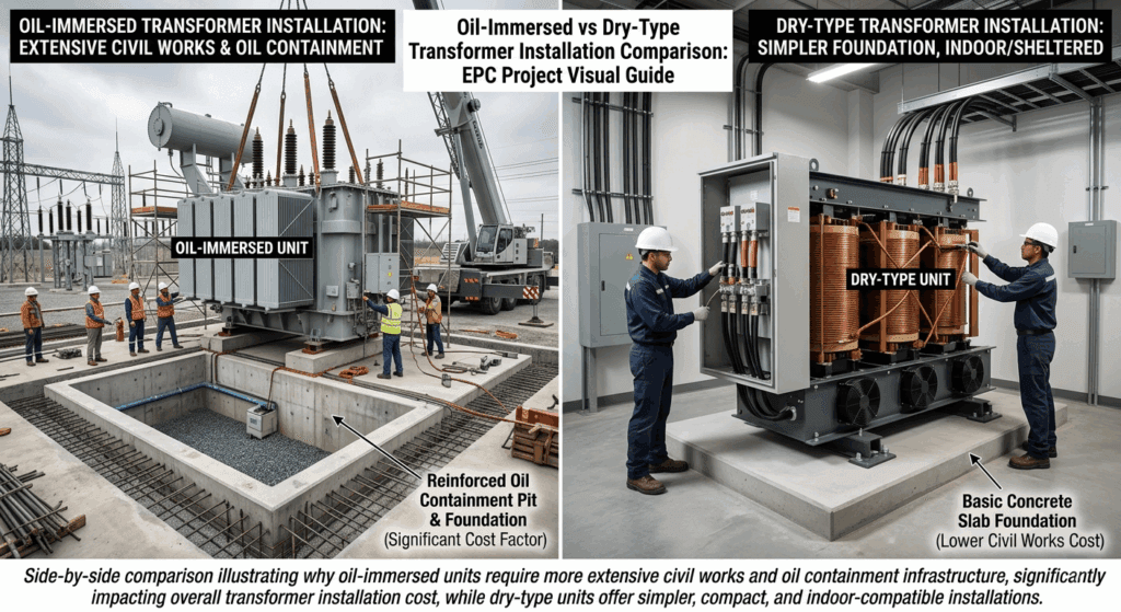 Side-by-side comparison of oil-immersed transformer with oil pit and dry-type transformer installation, highlighting differences in civil works and transformer installation cost for EPC projects