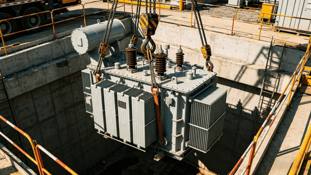 Crane rigging and heavy lifting of a power transformer on site, a major contributor to transformer installation cost and EPC project logistics