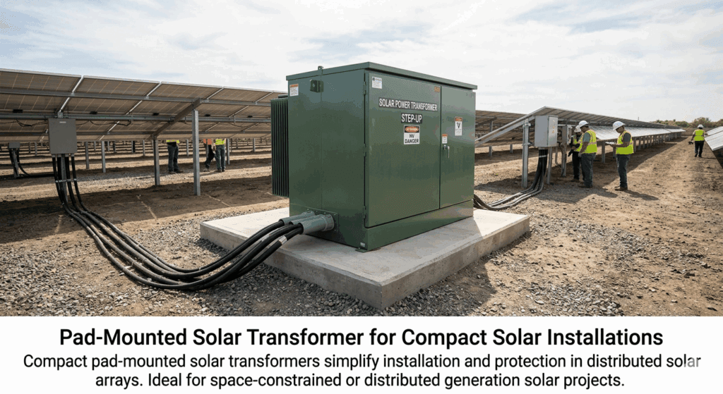 Pad-mounted solar transformer installed at a solar power plant site