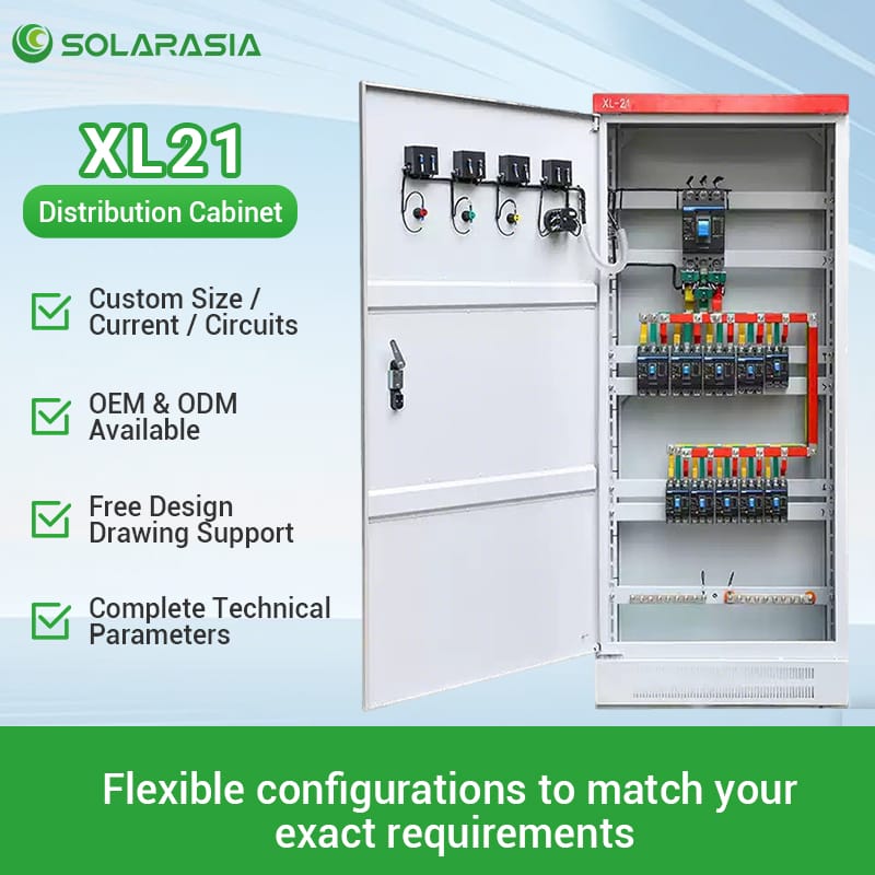 Infographic showing custom sizes, circuits, and technical drawing support for XL21 distribution cabinets.