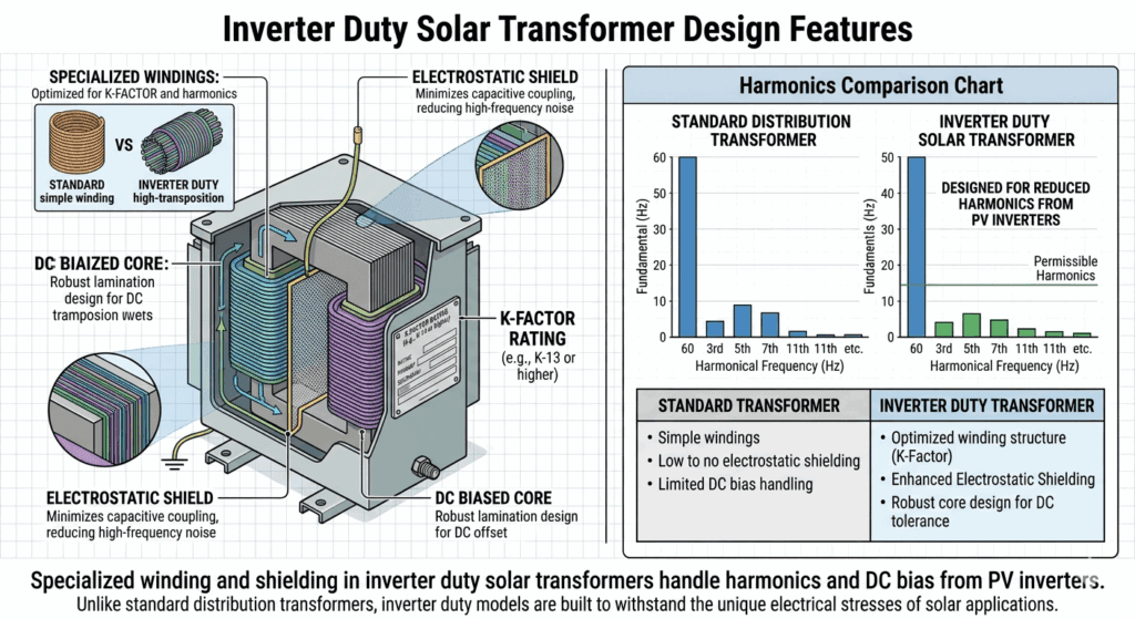 Inverter duty solar transformer with K-factor rating and electrostatic shield