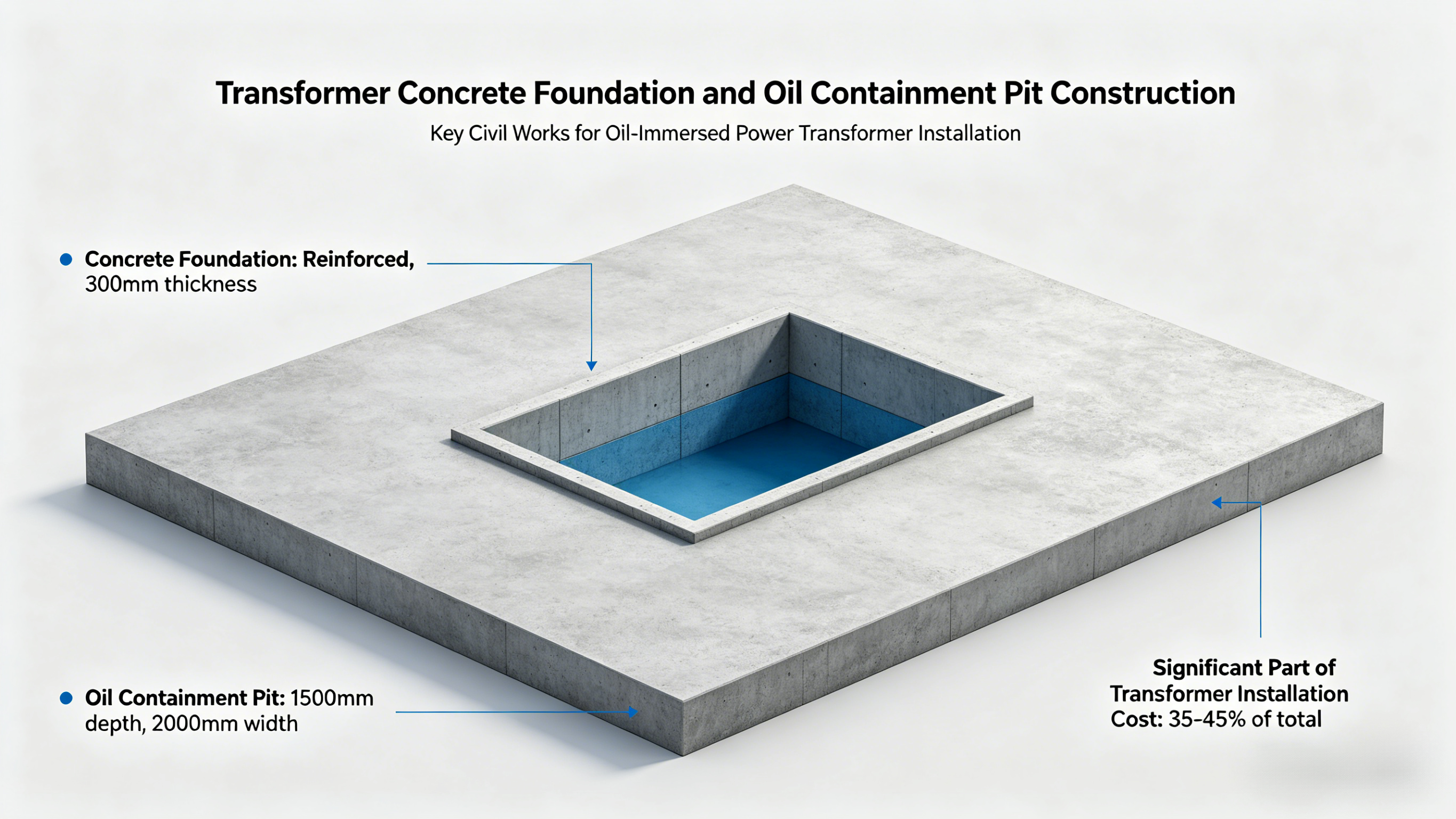 Civil works showing concrete foundation and oil containment pit for oil-immersed power transformer installation, a significant part of transformer installation cost