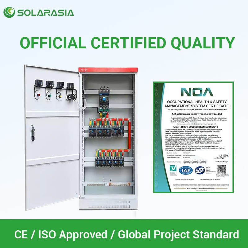 CE and ISO certification logos for XL-21 power distribution cabinets, ensuring global project compliance.