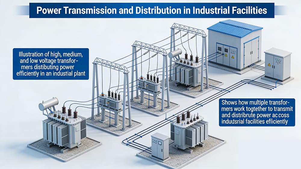 Multi-stage industrial transformers distributing power from substations to factory equipment