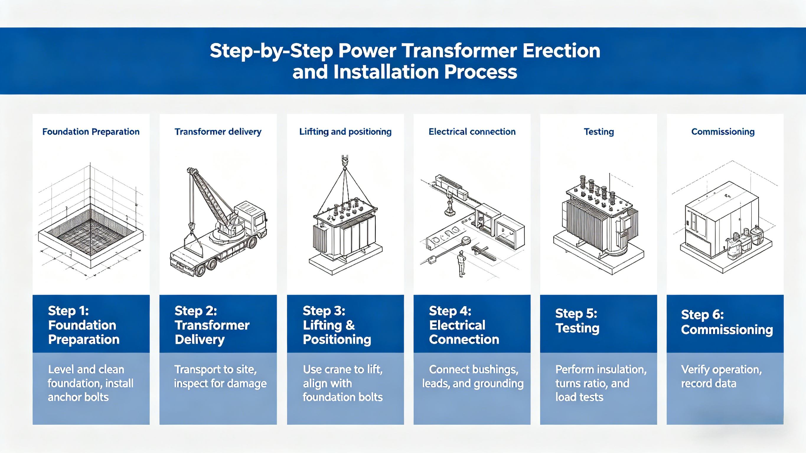 Step-by-step transformer installation process from foundation preparation to commissioning for EPC contractors, covering transformer erection and testing