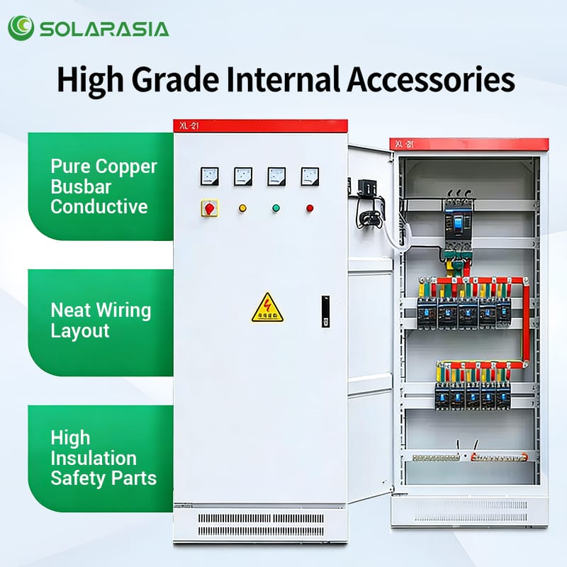Internal view of XL-21 cabinet showing neat wiring layout, pure copper busbars, and high-insulation safety parts.