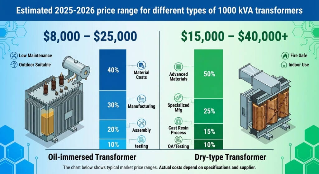 1000 kVA transformer price range chart - oil immersed vs dry type cost comparison.