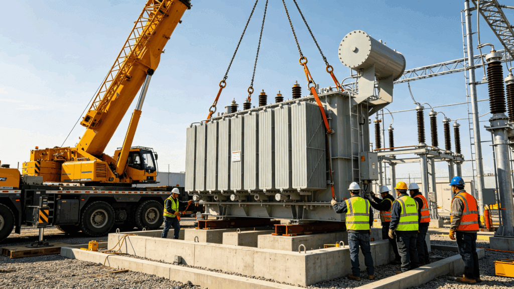 Transformer erection and precise positioning on foundation using crane and rigging team during EPC transformer installation
