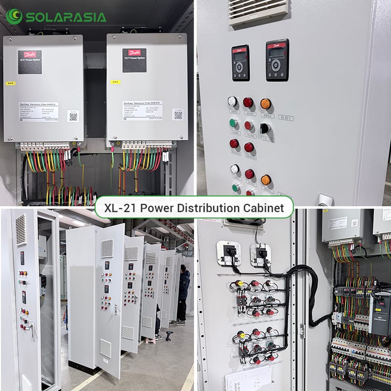 Collage of close-up details: sturdy door locks, waterproof strips, and high-quality hinges of the XL-21 power cabinet.