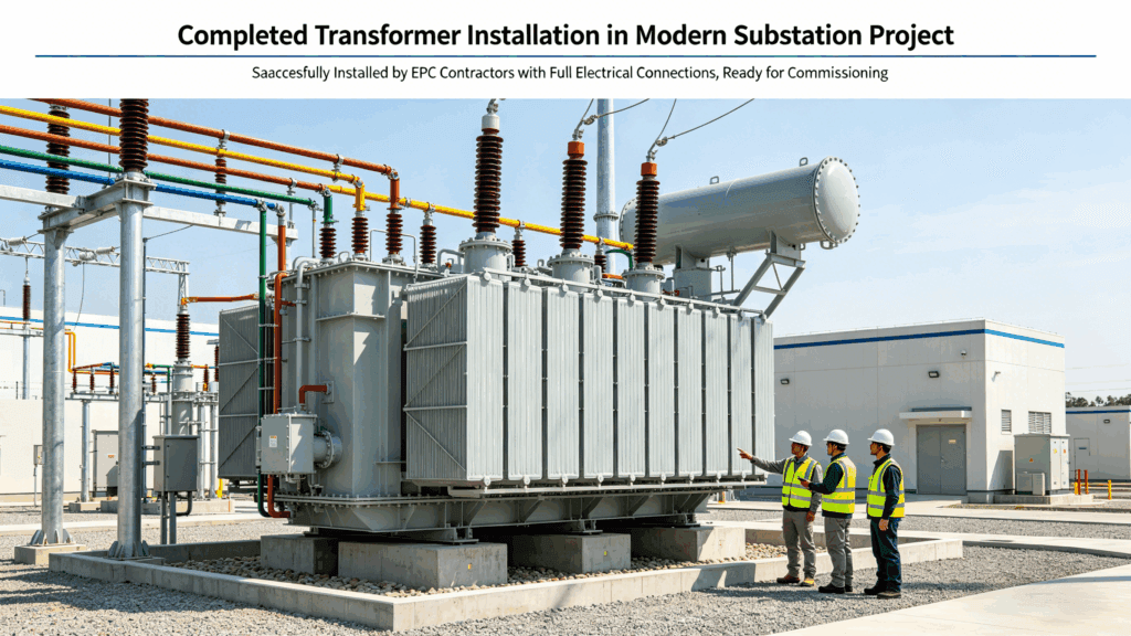 Successfully completed power transformer installation by EPC contractors with full electrical connections and ready for commissioning