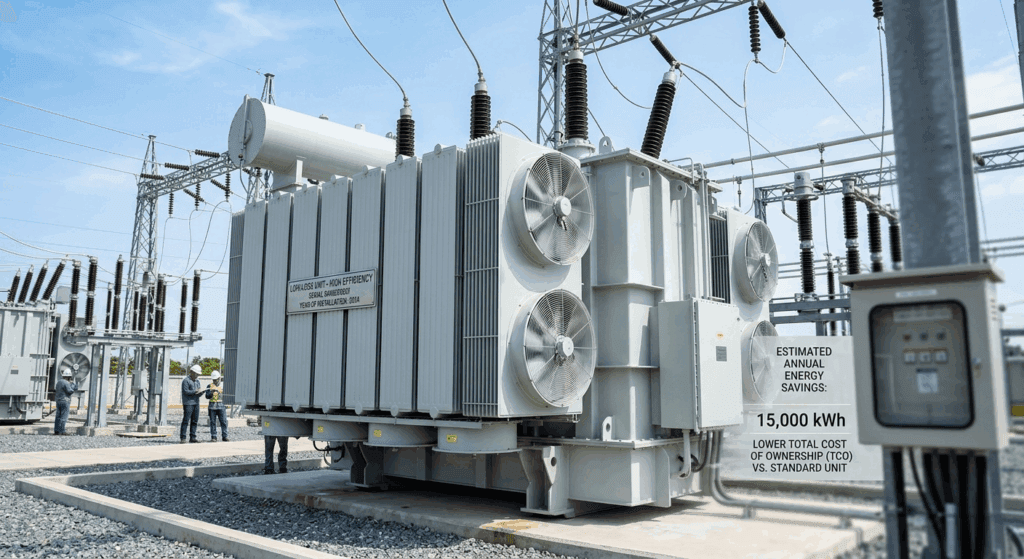 Low-loss power transformer in operation at a substation, demonstrating long-term efficiency and lower total cost of ownership TCO versus standard units