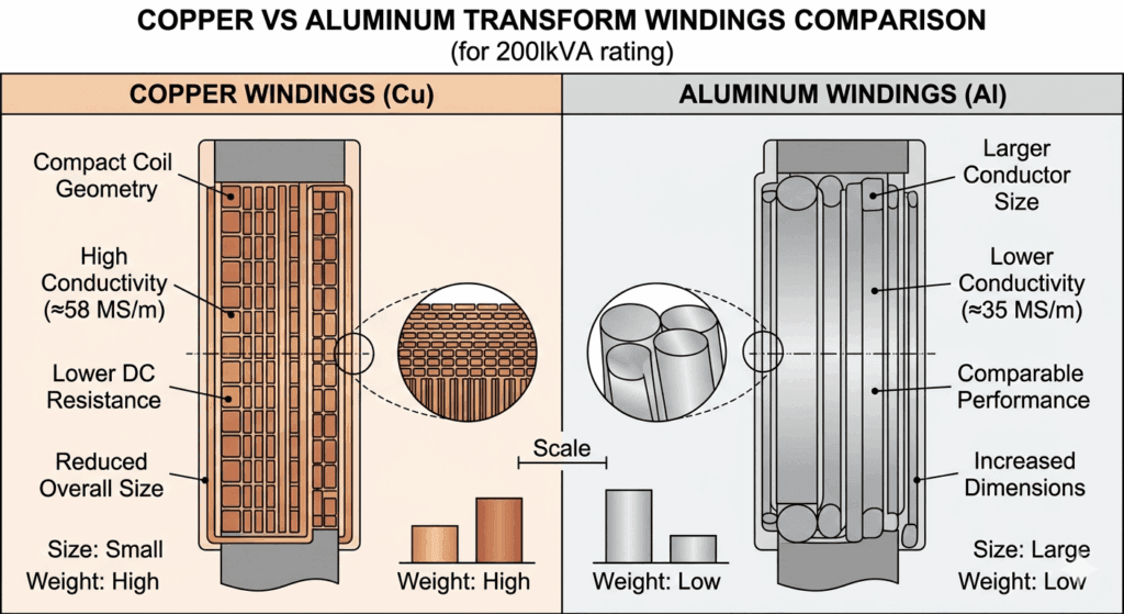 Comparison of copper and aluminum winding materials in a 200kVA transformer.