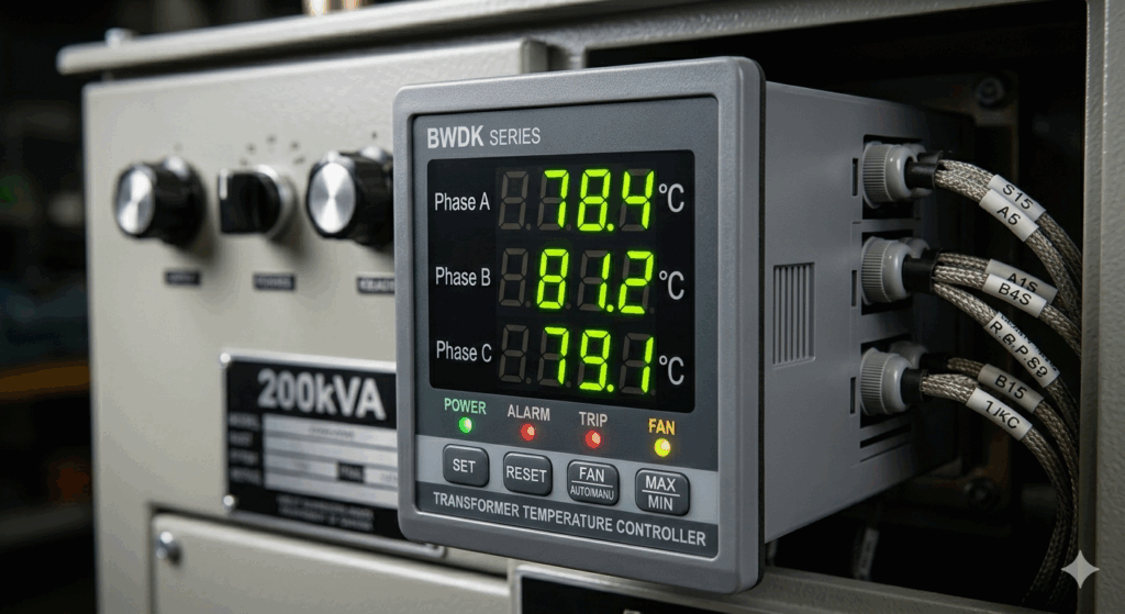 Digital temperature controller installed on a 200kVA dry transformer.