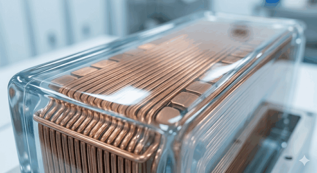 Detailed view of cast resin dry type transformer coils for moisture protection.