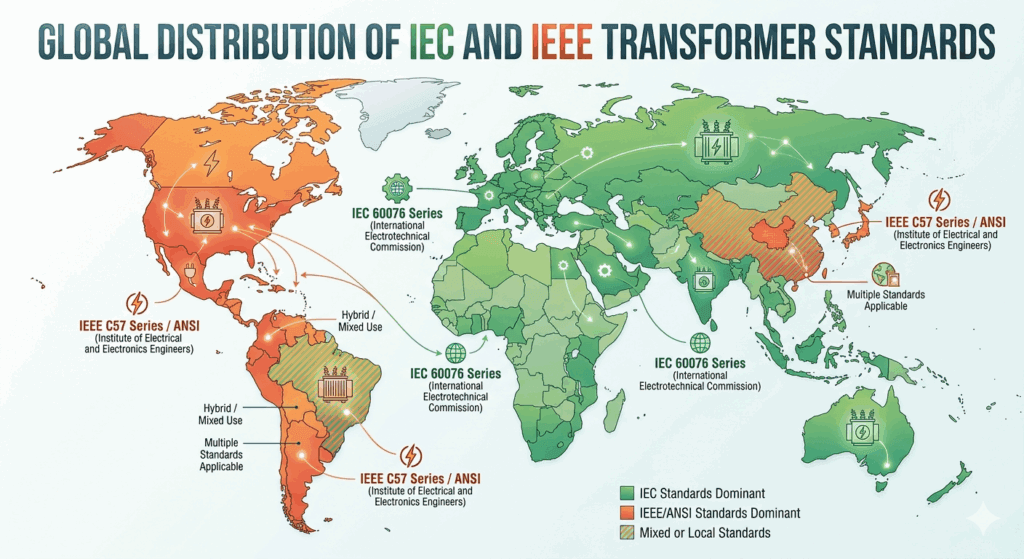 map showing IEC and IEEE transformer standard usage worldwide