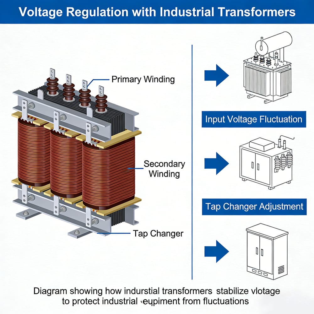 Industrial transformer regulating voltage to maintain stable operation of machinery