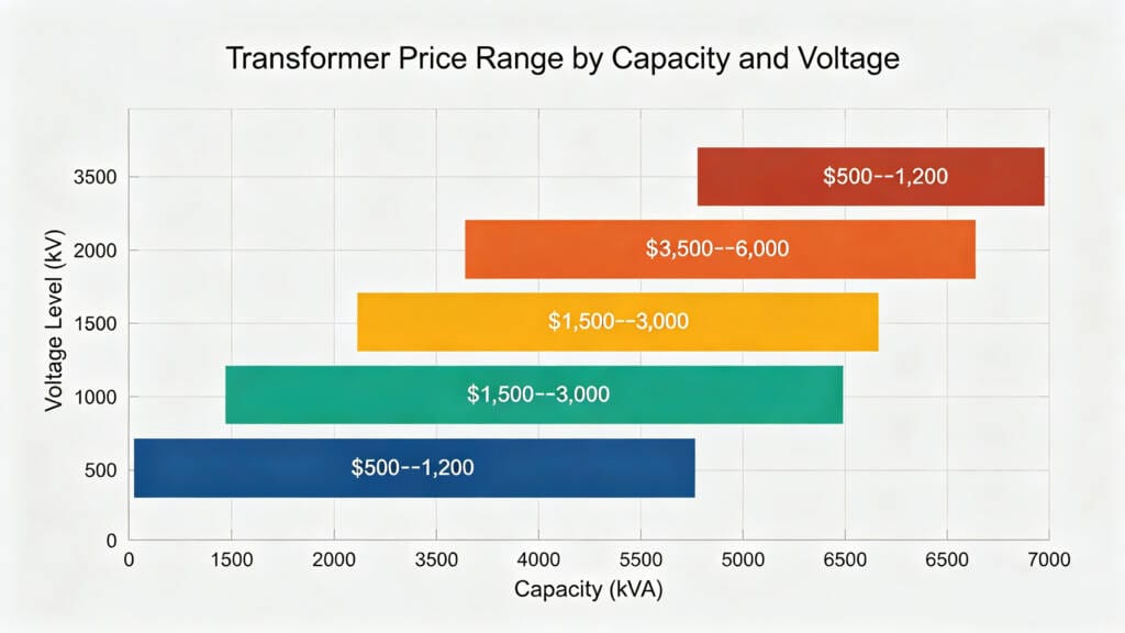 transformer price range chart by kVA and voltage level
