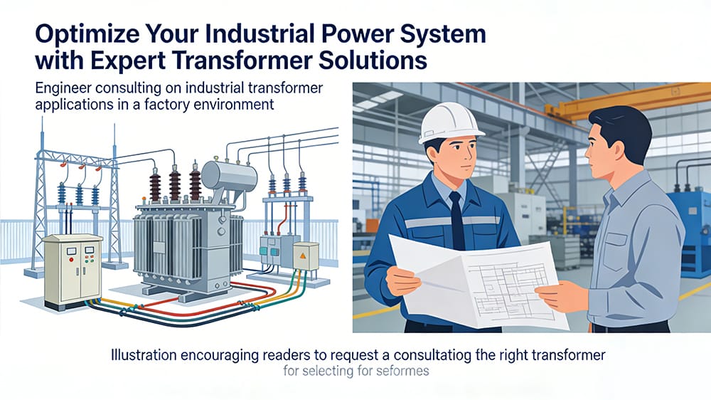 Engineer consulting on industrial transformer applications in a factory environment