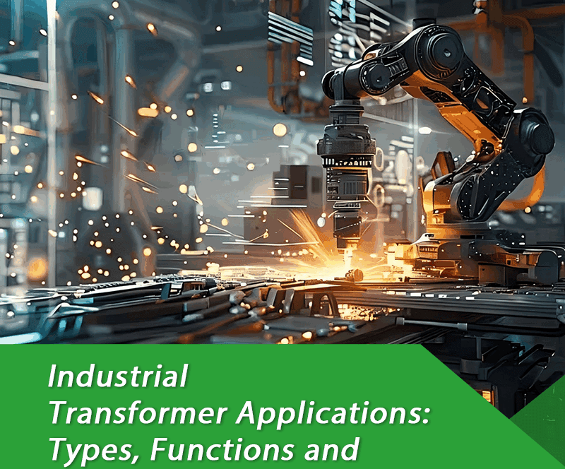 Industrial transformer applications showing power, distribution, dry-type, and oil-immersed transformers in a modern industrial facility.