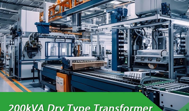 Industrial 200kVA dry type transformer with copper windings for power distribution.