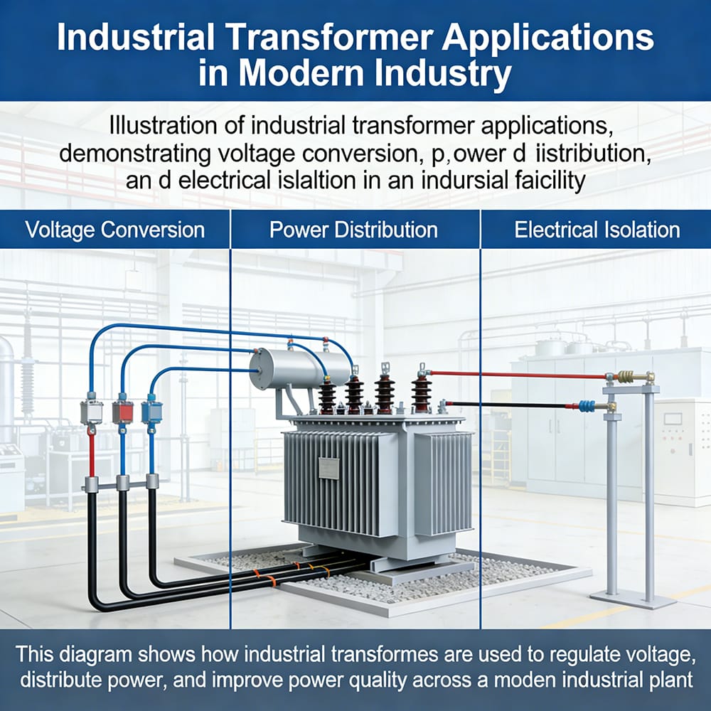 Industrial transformer applications showing power distribution and voltage conversion in a factory